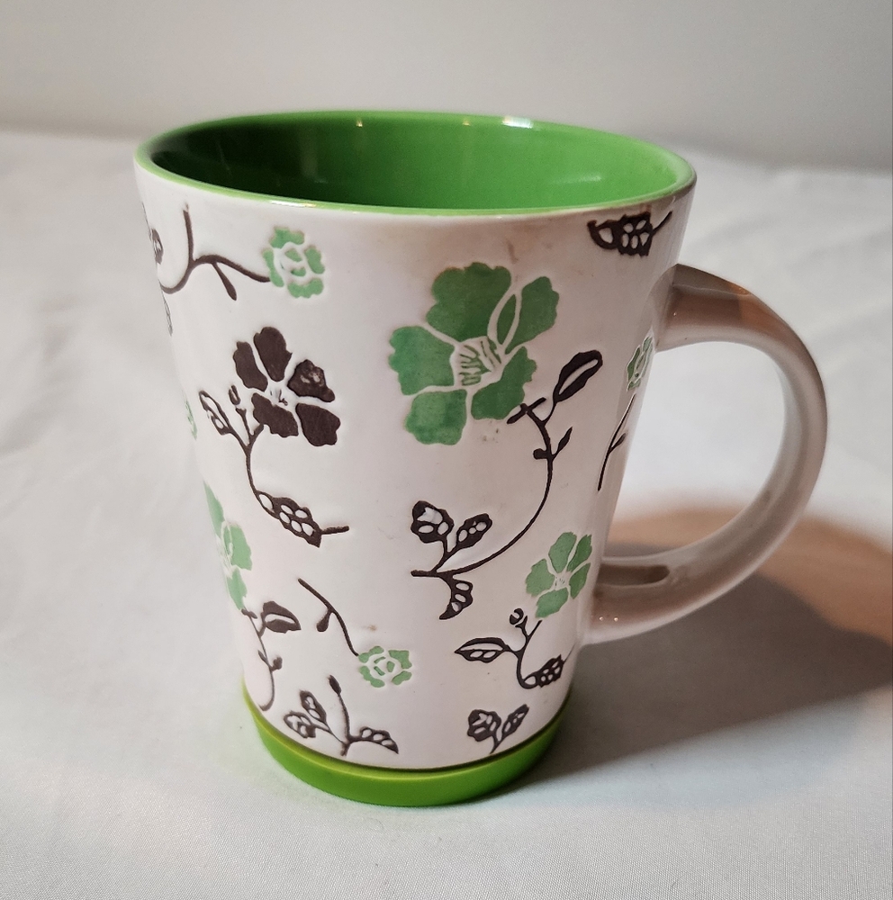 Pier 1 Imports Handpainted Stoneware Floral Green and White Ceramic Mug